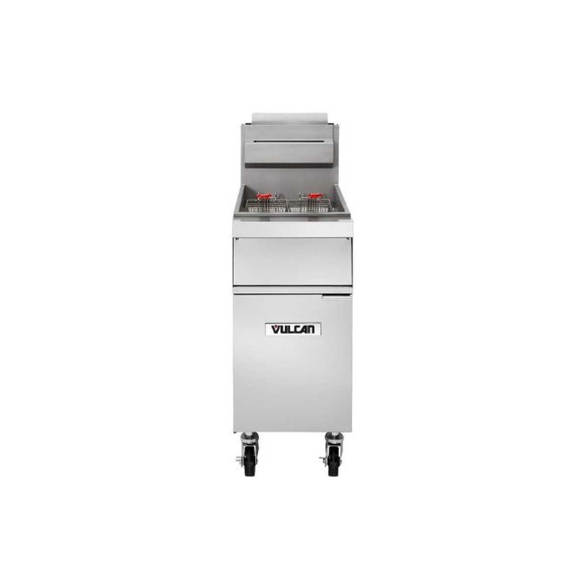 Vulcan 1GR65M-LP fryer front view with two wire fry baskets resting in the open vat