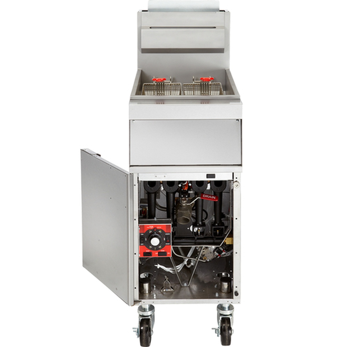 Vulcan 1GR65M-LP fryer with front cabinet door open revealing internal millivolt controls, burner tubes, and drain system