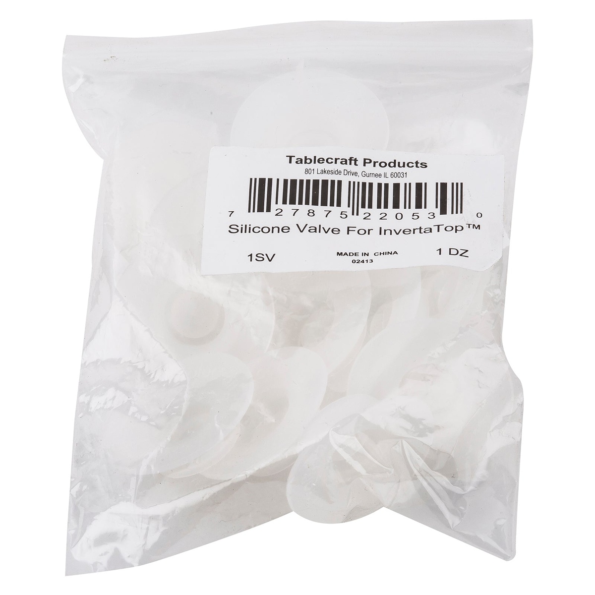 Tablecraft 1SV silicone valves in sealed retail bag showing product label and barcode