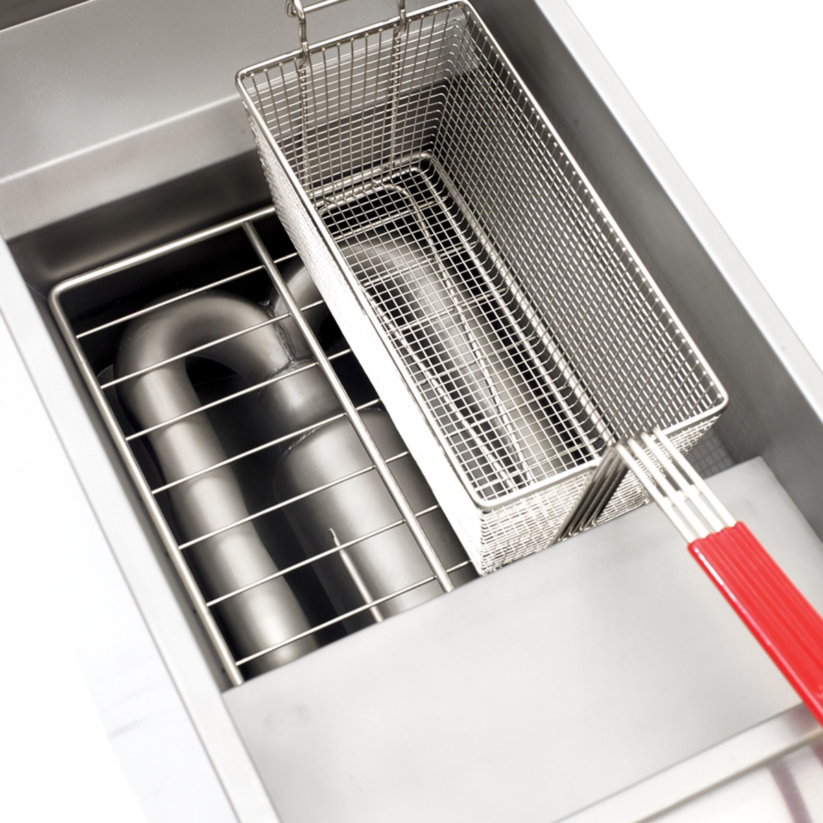 Close-up of Vulcan 1TR45A stainless steel fry tank with tube-style burners and fry basket with red plastic handle