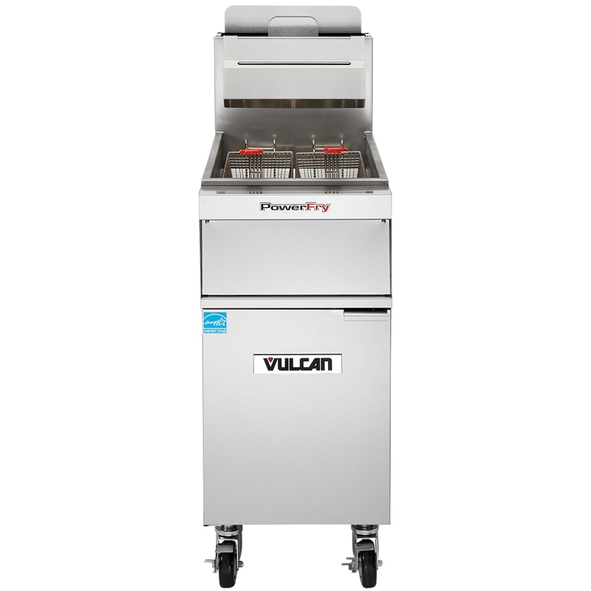 Vulcan 1TR45A PowerFry3 floor model natural gas fryer, front view, stainless steel cabinet with twin fry baskets and casters