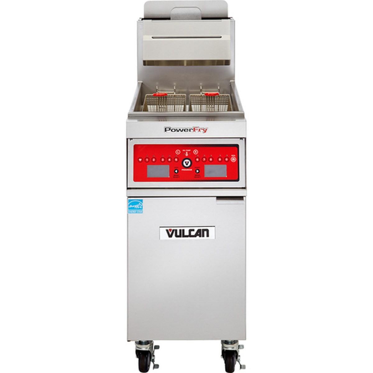 Vulcan 1TR45A-LP PowerFry3 floor fryer front view showing twin baskets and red solid state control panel