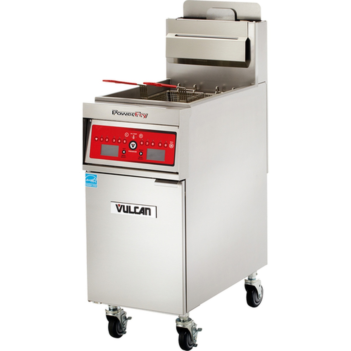 Vulcan 1TR45A-LP PowerFry3 floor fryer angled side view showing stainless steel cabinet and caster wheels