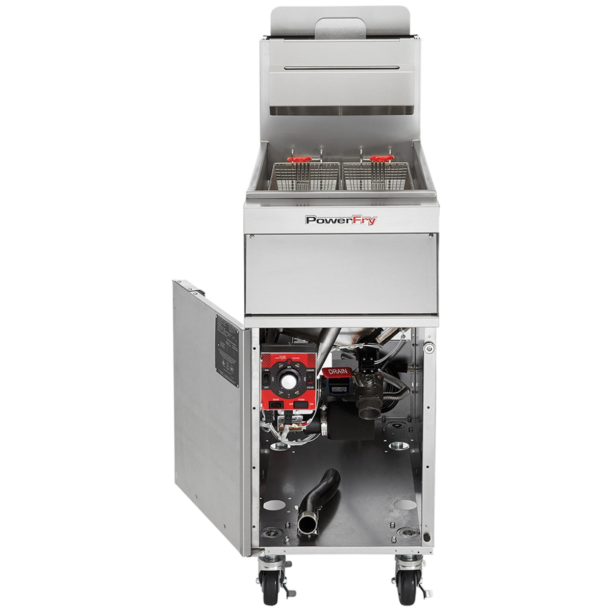 Vulcan 1TR45AF fryer with cabinet door open showing built-in KleenScreen PLUS filtration system and drain components