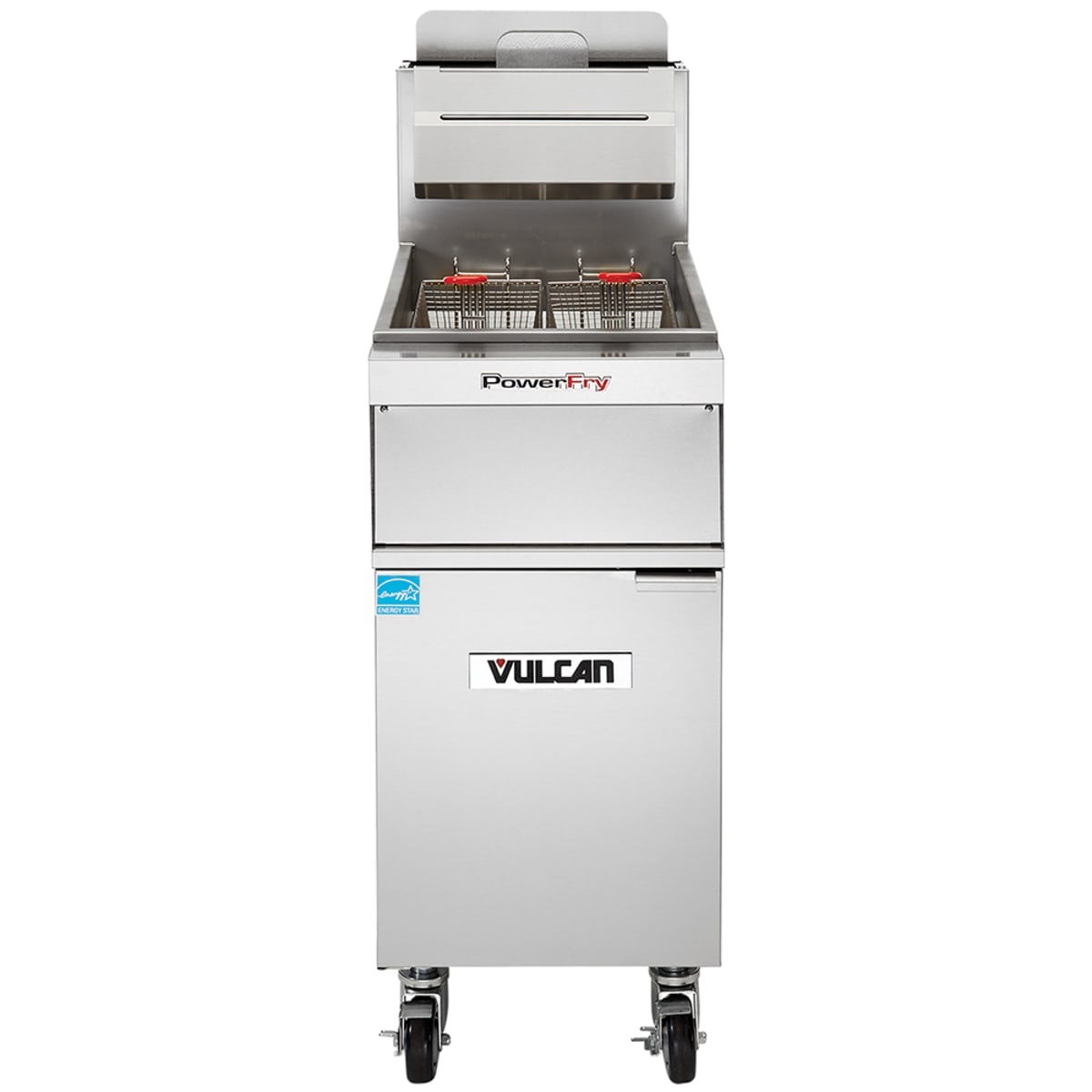 Vulcan 1TR45AF PowerFry3 floor model gas fryer front view with twin baskets and stainless steel cabinet