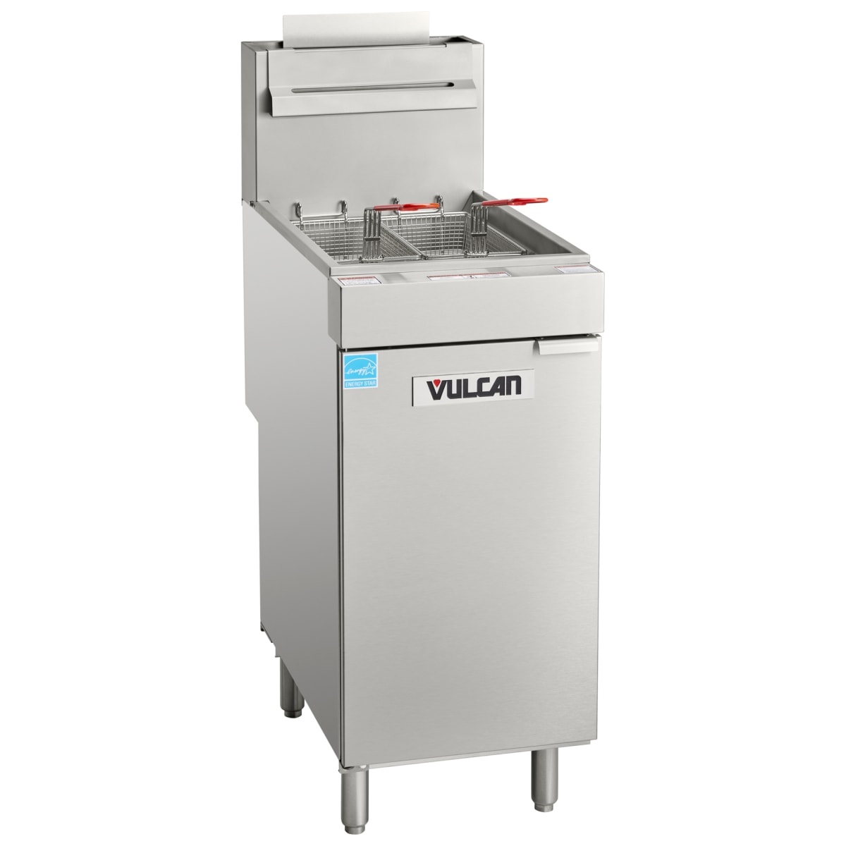 Angled view of Vulcan 1VEG35M freestanding gas fryer with twin baskets