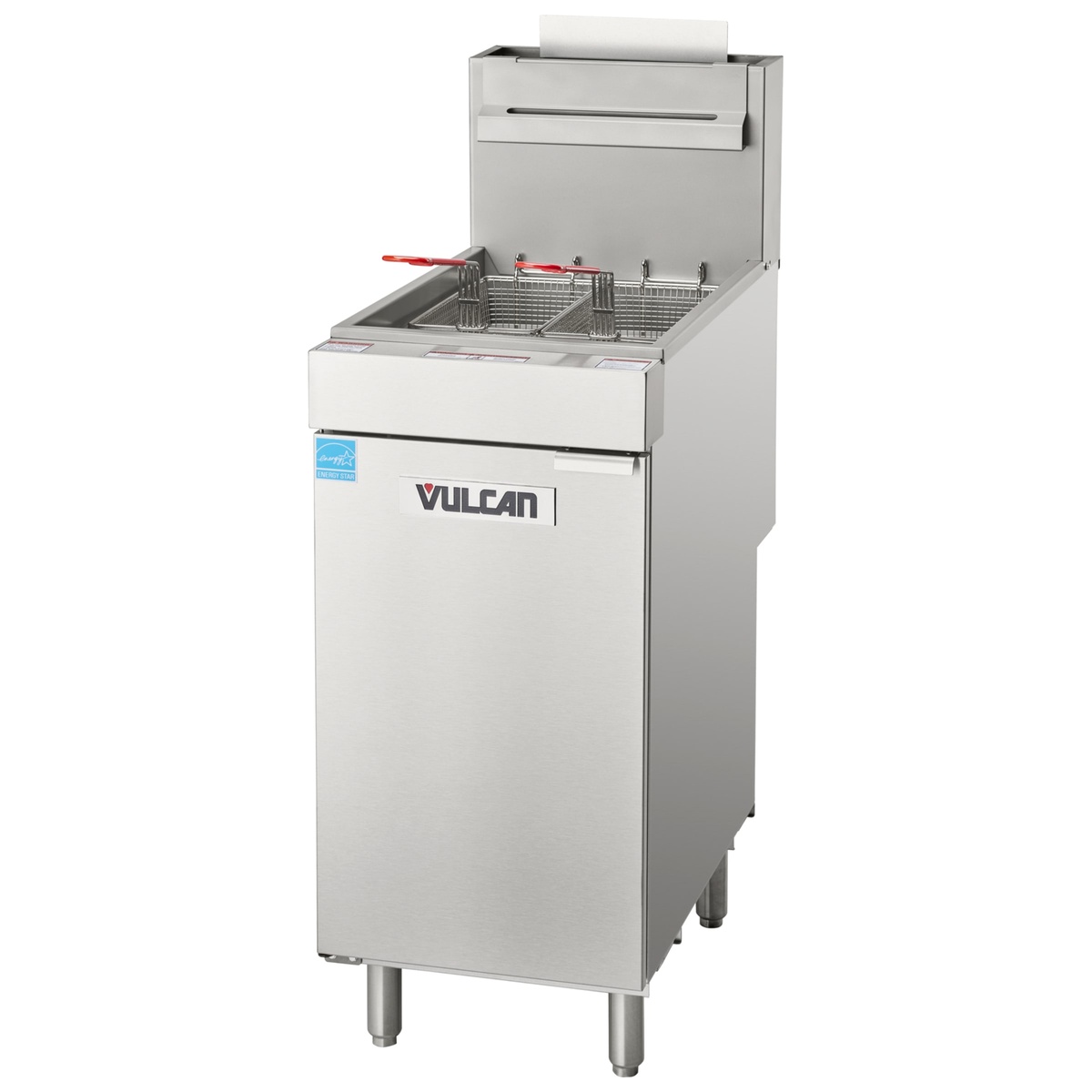 Angled front view of Vulcan 1VEG35M fryer showing cabinet door and baskets