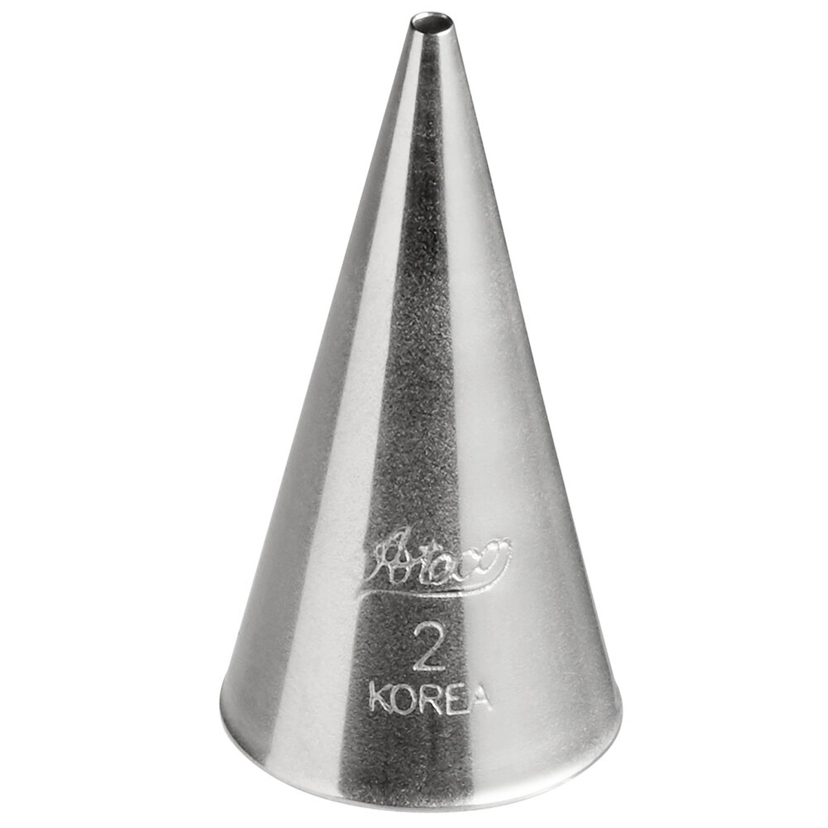 Ateco #2 plain round piping tip in stainless steel with engraved brand name and size marking