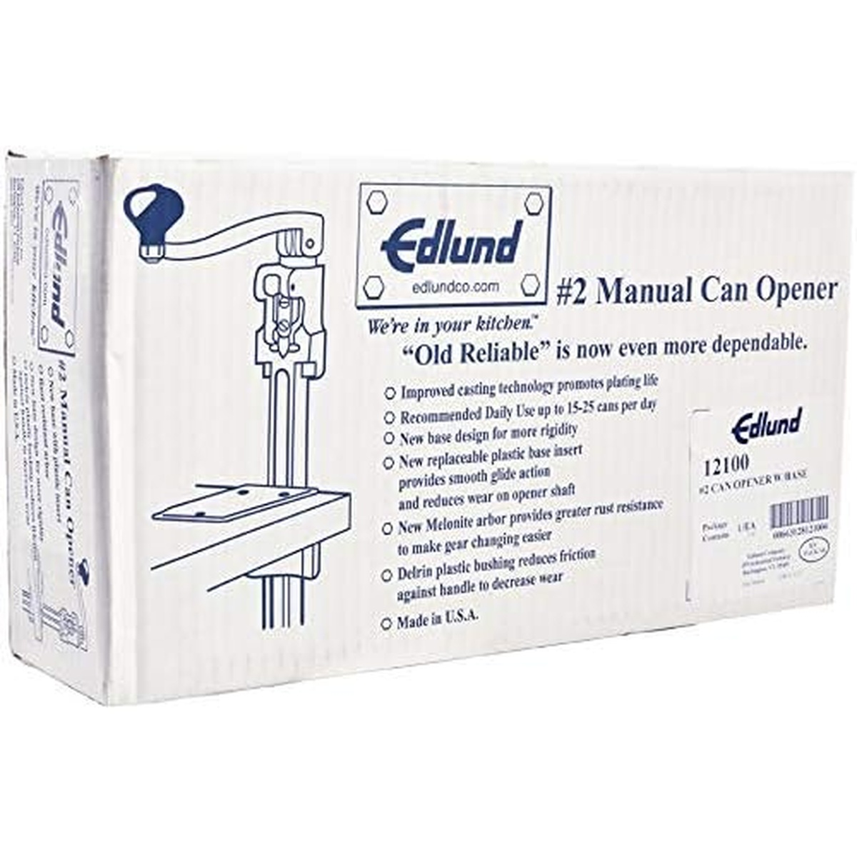 Edlund #2 manual can opener product box listing key features and specifications