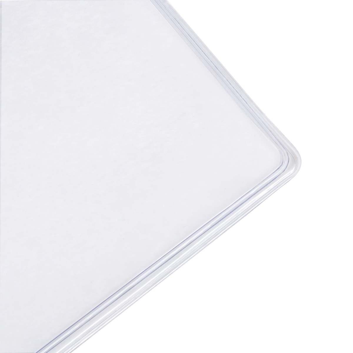 Close-up of the heat-sealed corner edge of the H. Risch clear vinyl menu cover showing reinforced double-sealed construction