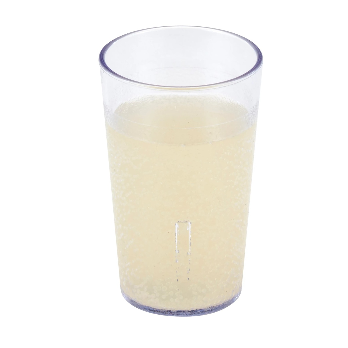 Cambro Colorware SAN plastic tumbler filled with a beverage, showing capacity and pebbled texture