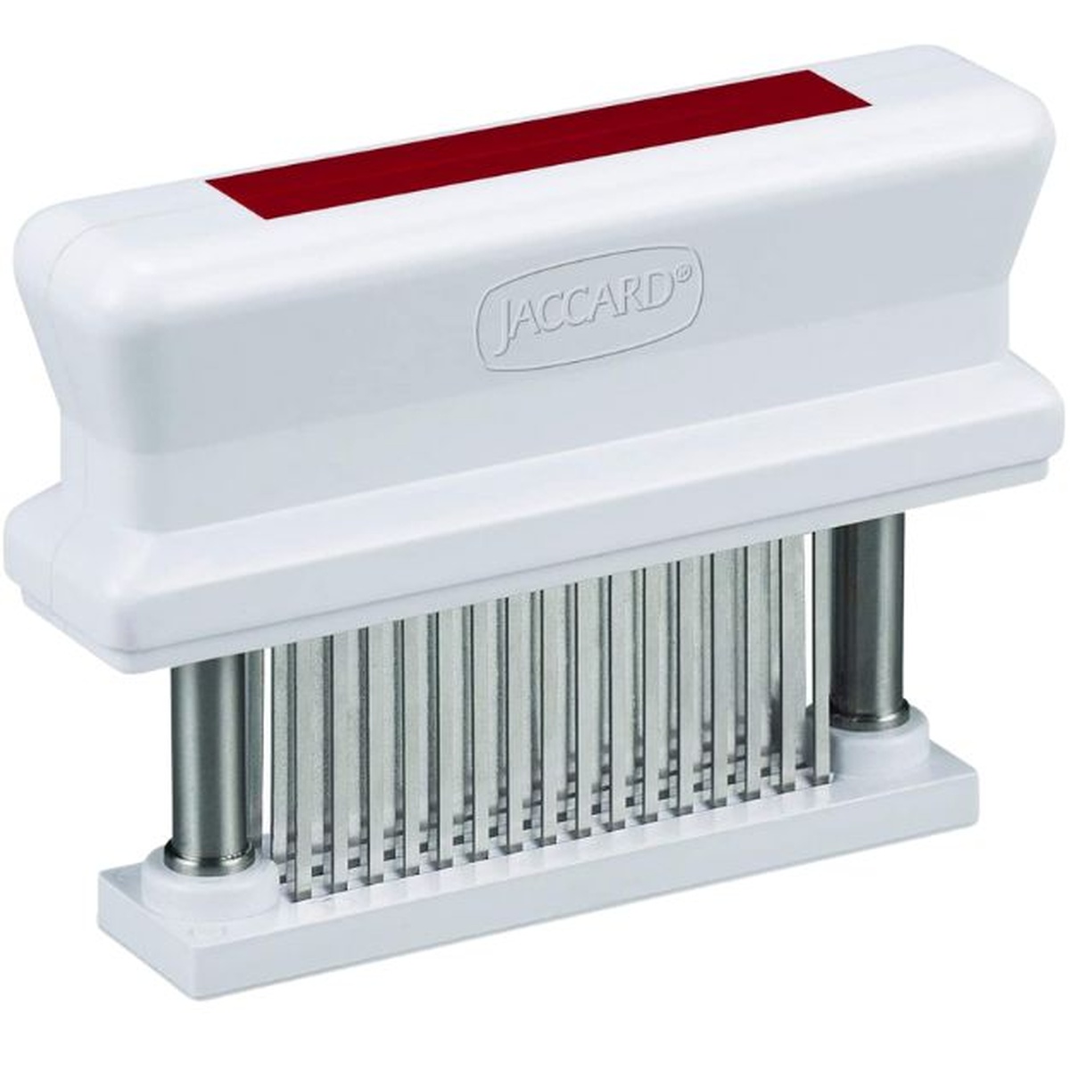 Jaccard 200348 48-blade meat tenderizer in white ABS plastic with red HACCP color-coded accent strip and stainless steel blades