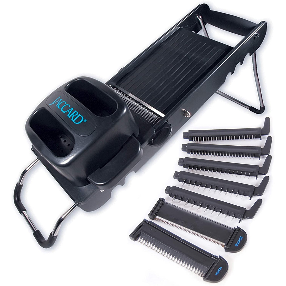 Jaccard Safe Hands Mandolin with seven interchangeable stainless steel blade cartridges and food holder