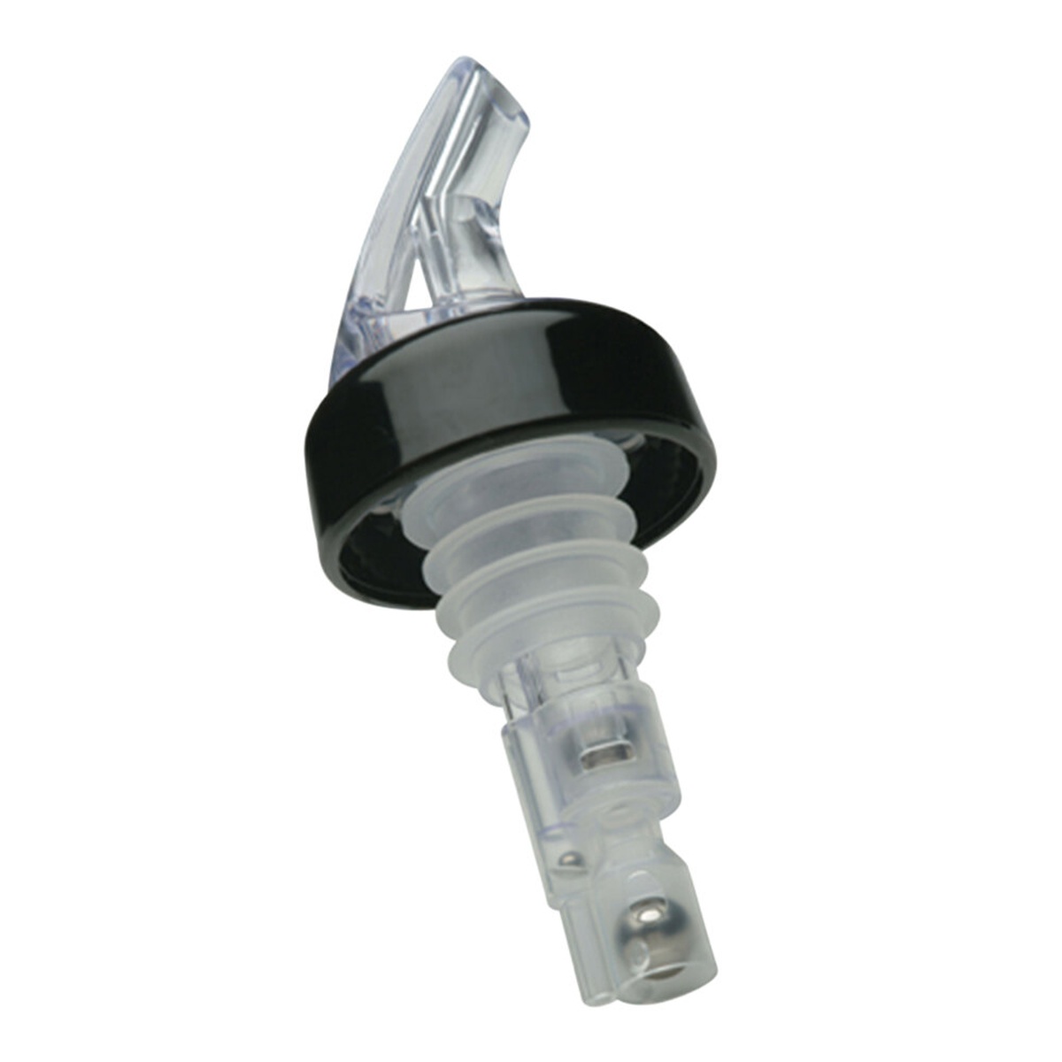 Precision Pours 200CLC crystal clear measured liquor pourer with black collar showing three ball bearings inside clear stem