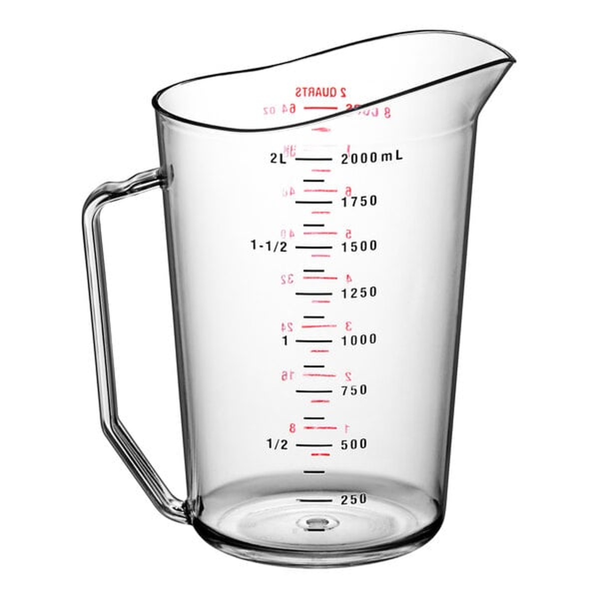 Cambro 200MCCW135 clear polycarbonate measuring cup showing metric graduation markings on reverse side