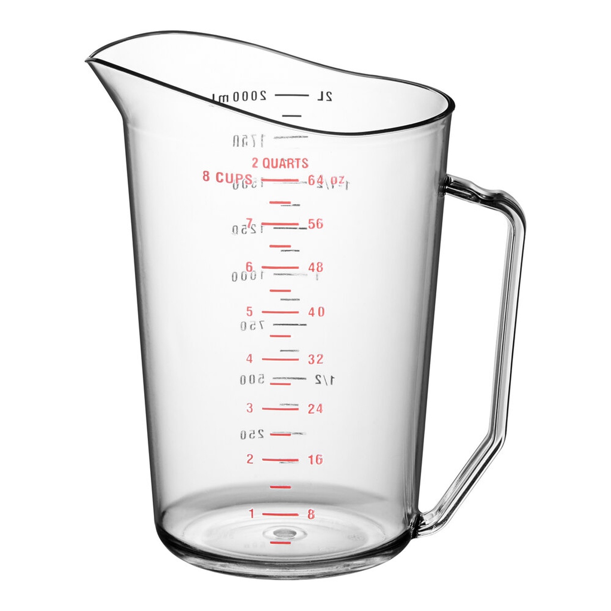 Cambro 200MCCW135 2 Qt. clear polycarbonate measuring cup showing American standard red graduation markings