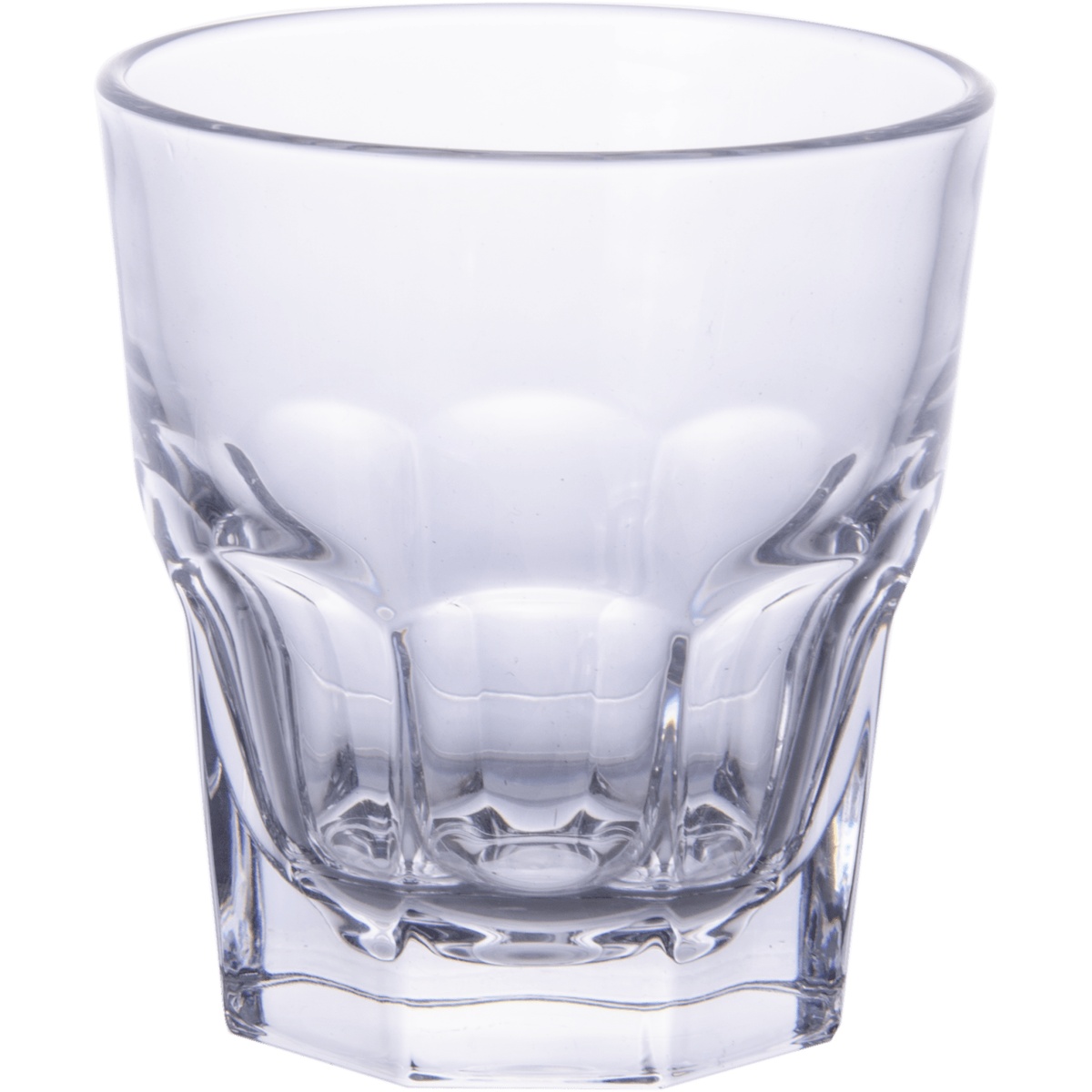 Enhanced Glassware 10 oz clear glass tumbler with faceted base, front view on white background