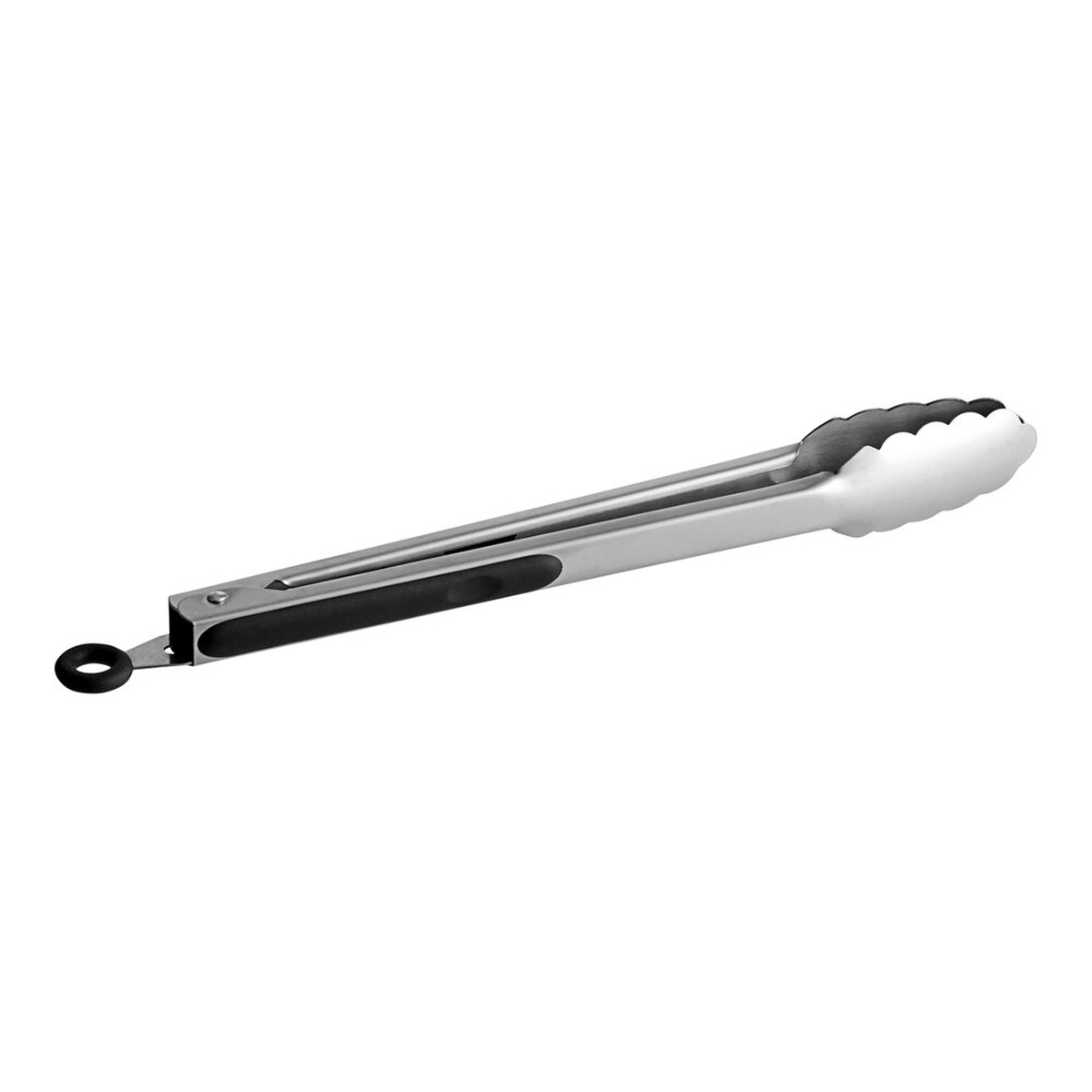 TableCraft 2012 12-inch stainless steel ergonomic locking tongs with black silicone grip and scalloped tip