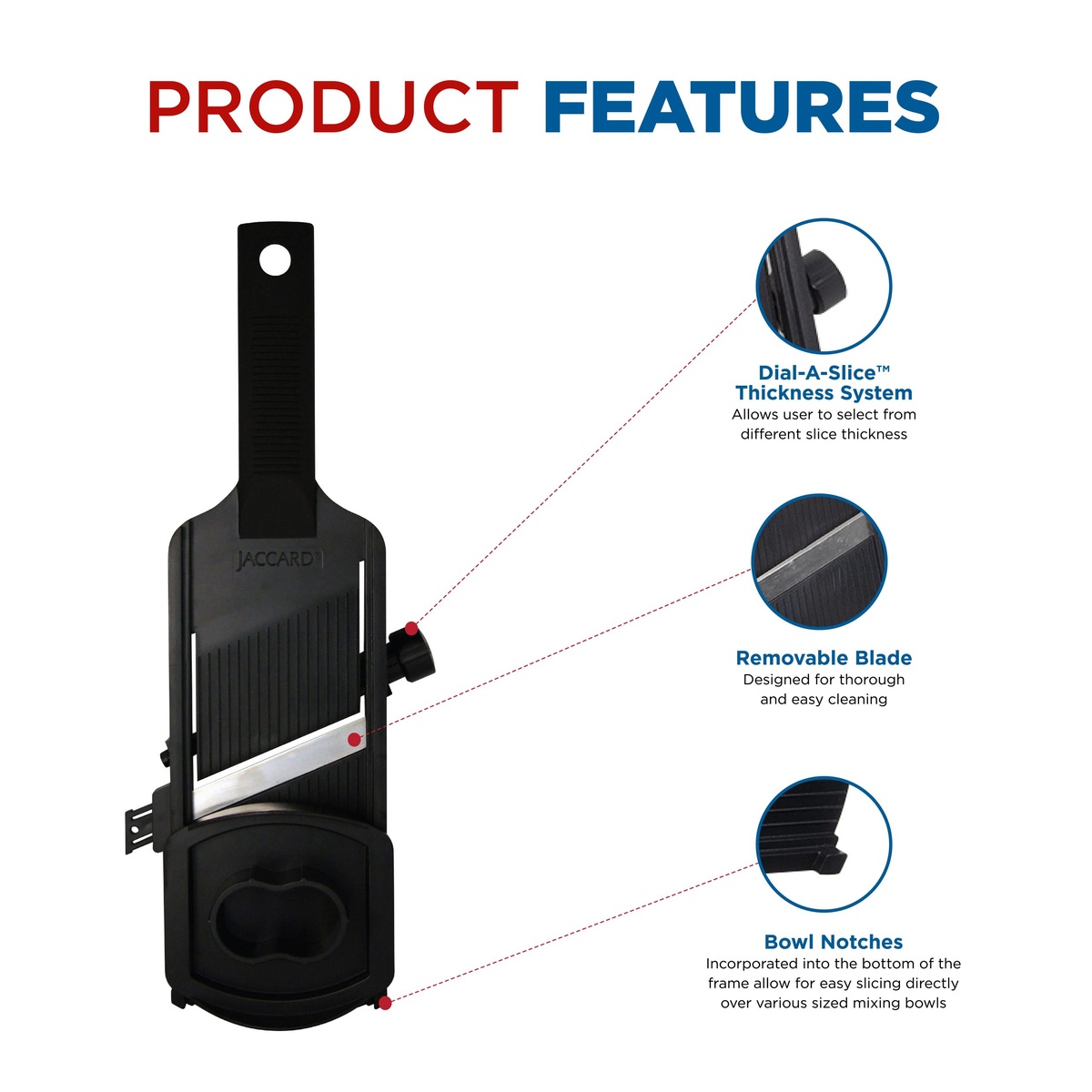 Jaccard Hand-O-Lin Slicer feature callout diagram highlighting Dial-A-Slice system, removable blade, and bowl notches