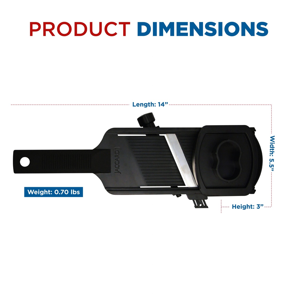 Jaccard Hand-O-Lin Slicer dimensions diagram showing 14 inch length, 5.5 inch width, 3 inch height, and 0.70 lb weight
