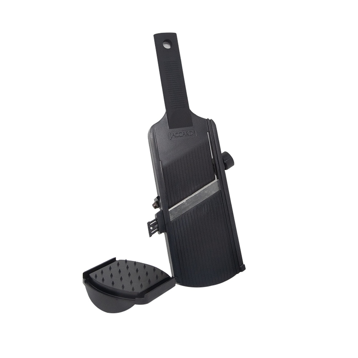 Jaccard Hand-O-Lin Slicer in black with catch lid detached, showing stainless steel blade and soft grip handle