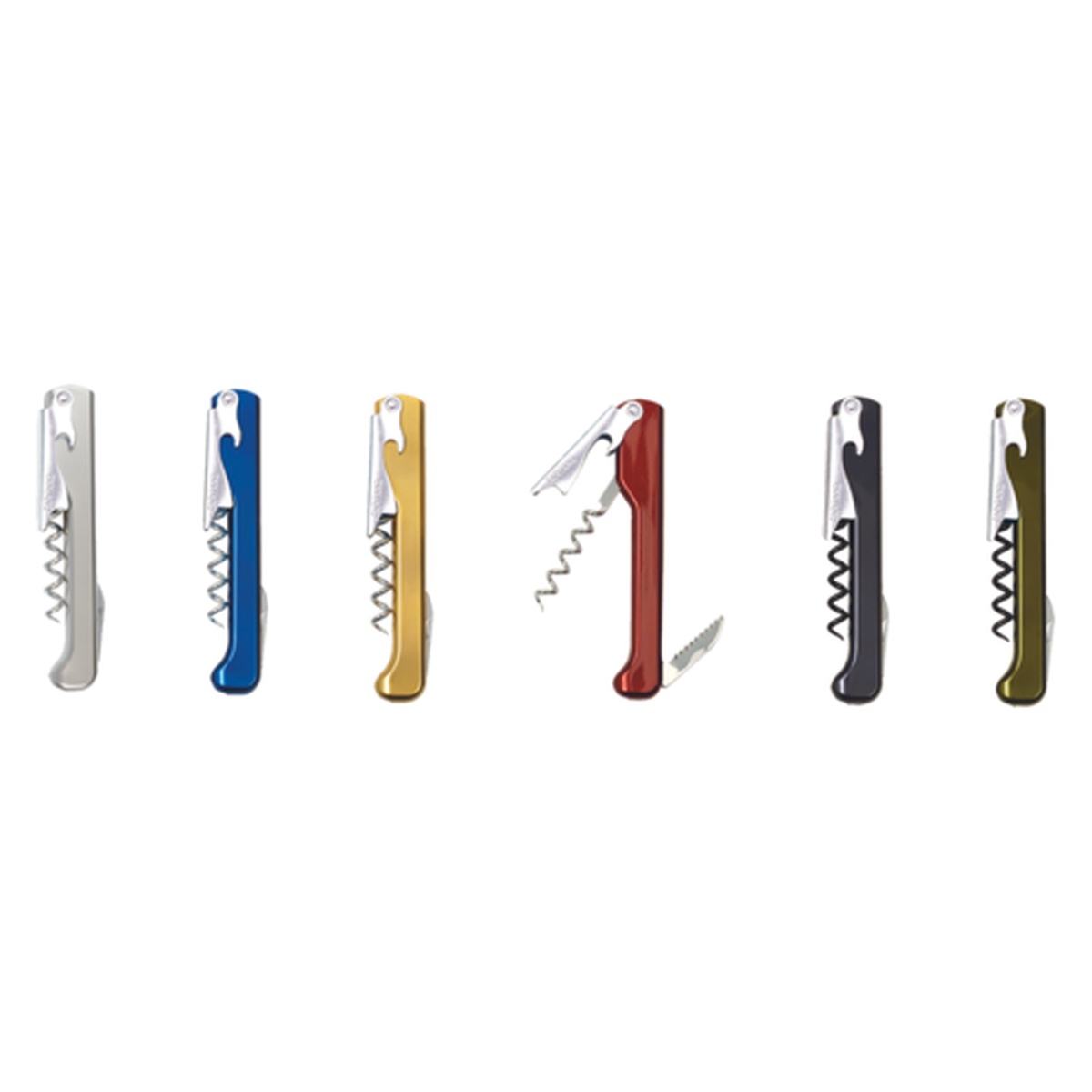 Franmara Capitano Waiter's Corkscrew shown in multiple color options including silver, blue, gold, red, black, and olive, displayed open and closed