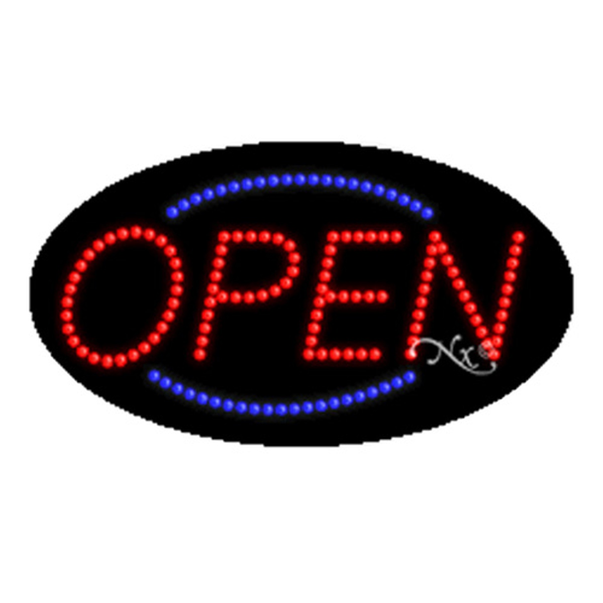 Arter Neon LED OPEN sign with red lettering and blue border on black oval backing