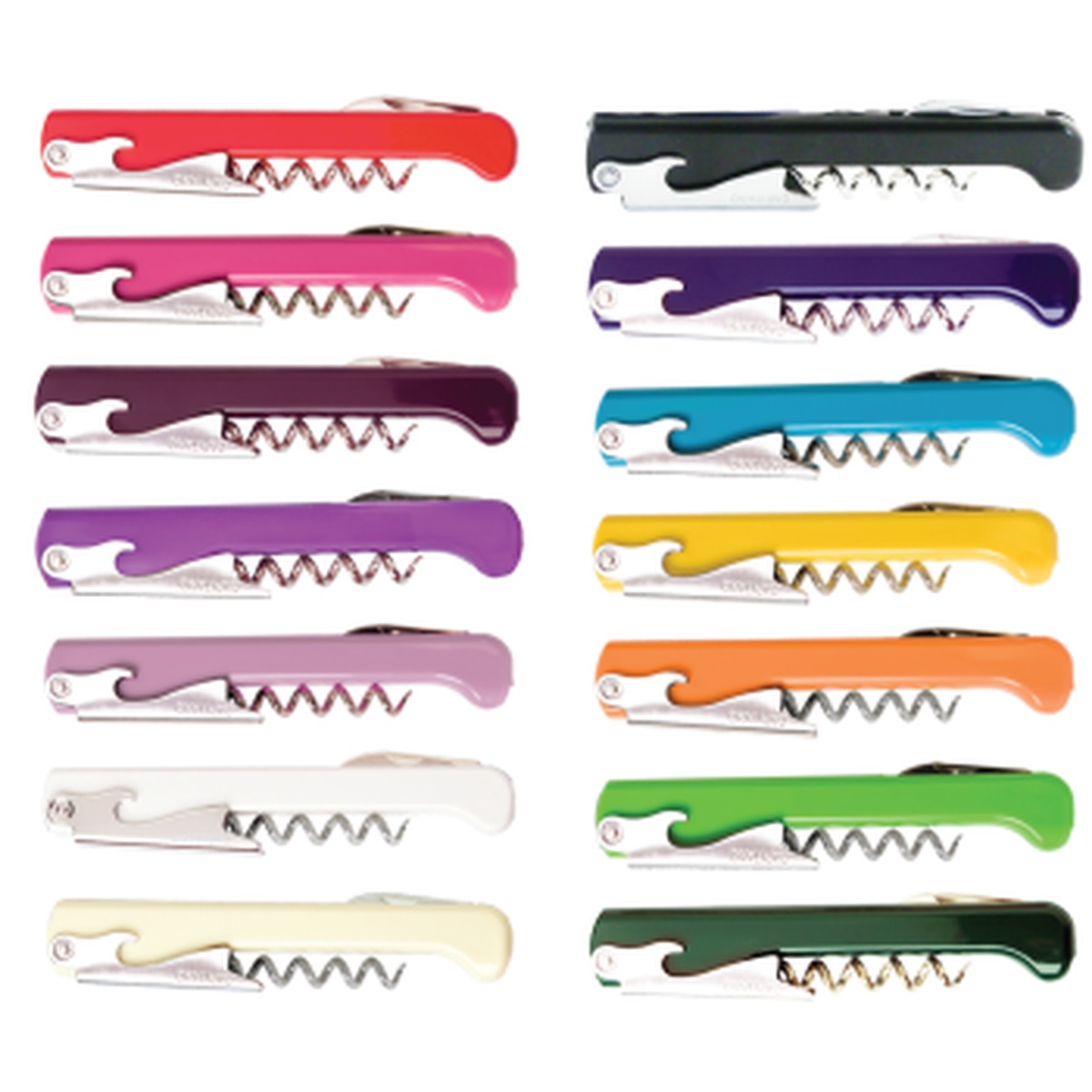 Franmara Capitano waiter's corkscrews shown in all 14 available handle colors
