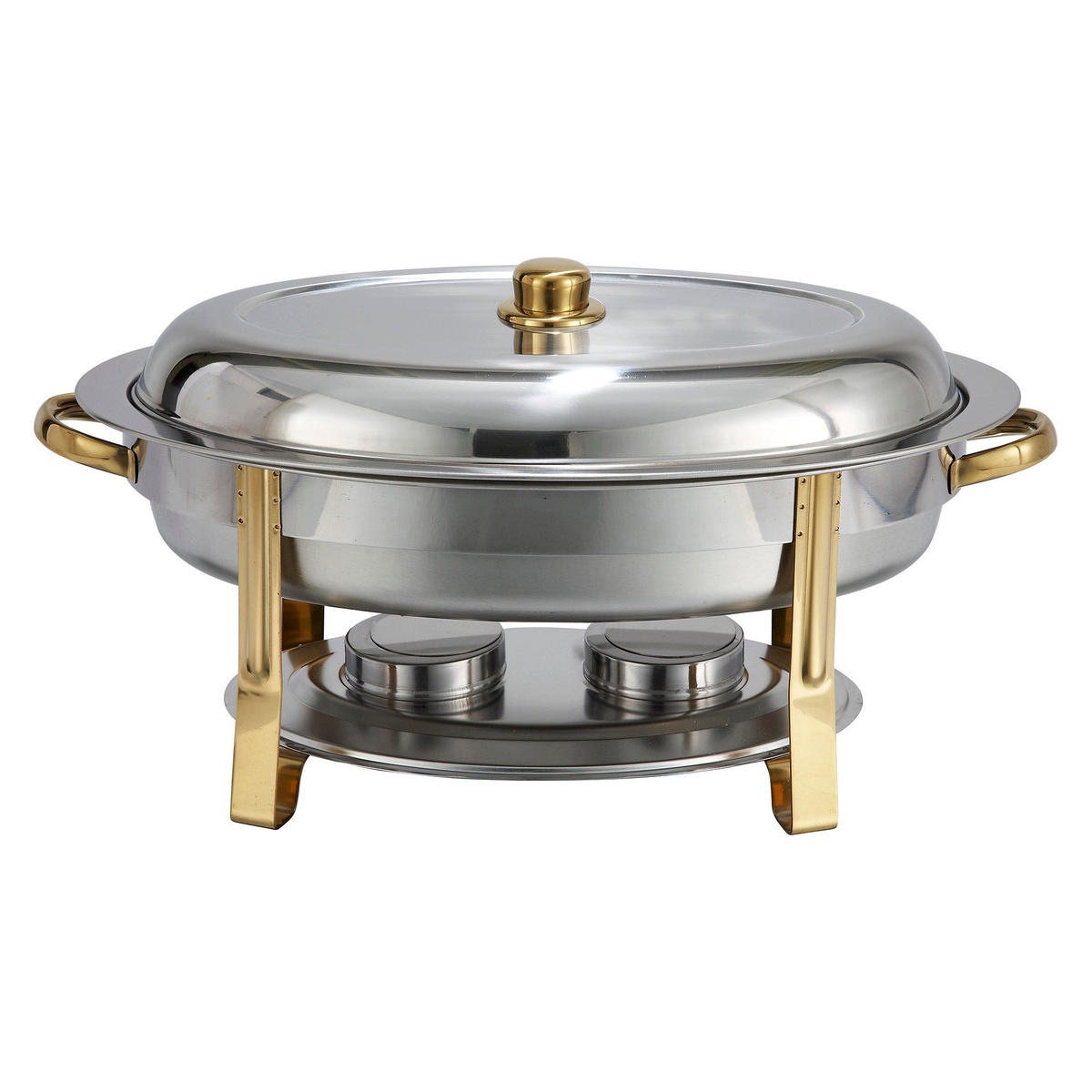 Winco 202 Malibu 6 Qt oval stainless steel chafer with gold accents, lift-off lid, stand, and two fuel holders on white background