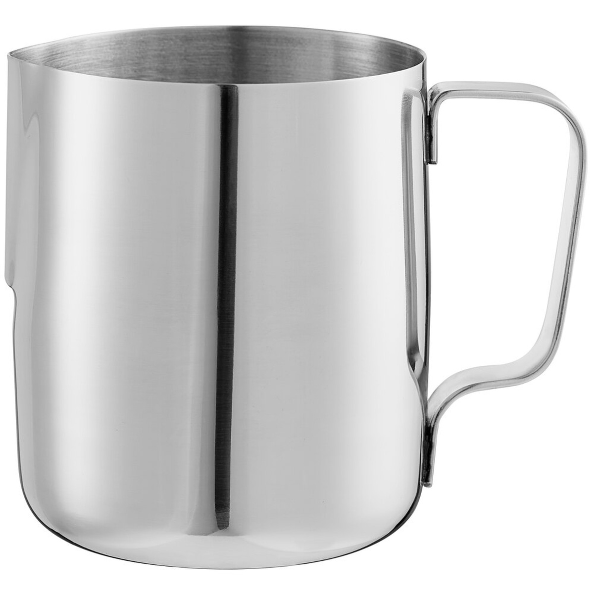 TableCraft 24 oz mirror-finish stainless steel frothing pitcher with angled handle and curved spout