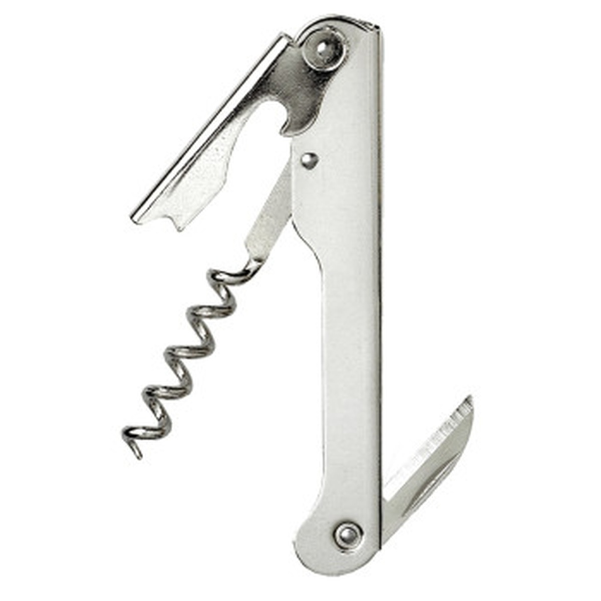 Franmara 2025-BU nickel plated waiter's corkscrew with straight blade, spiral worm, and bottle opener open
