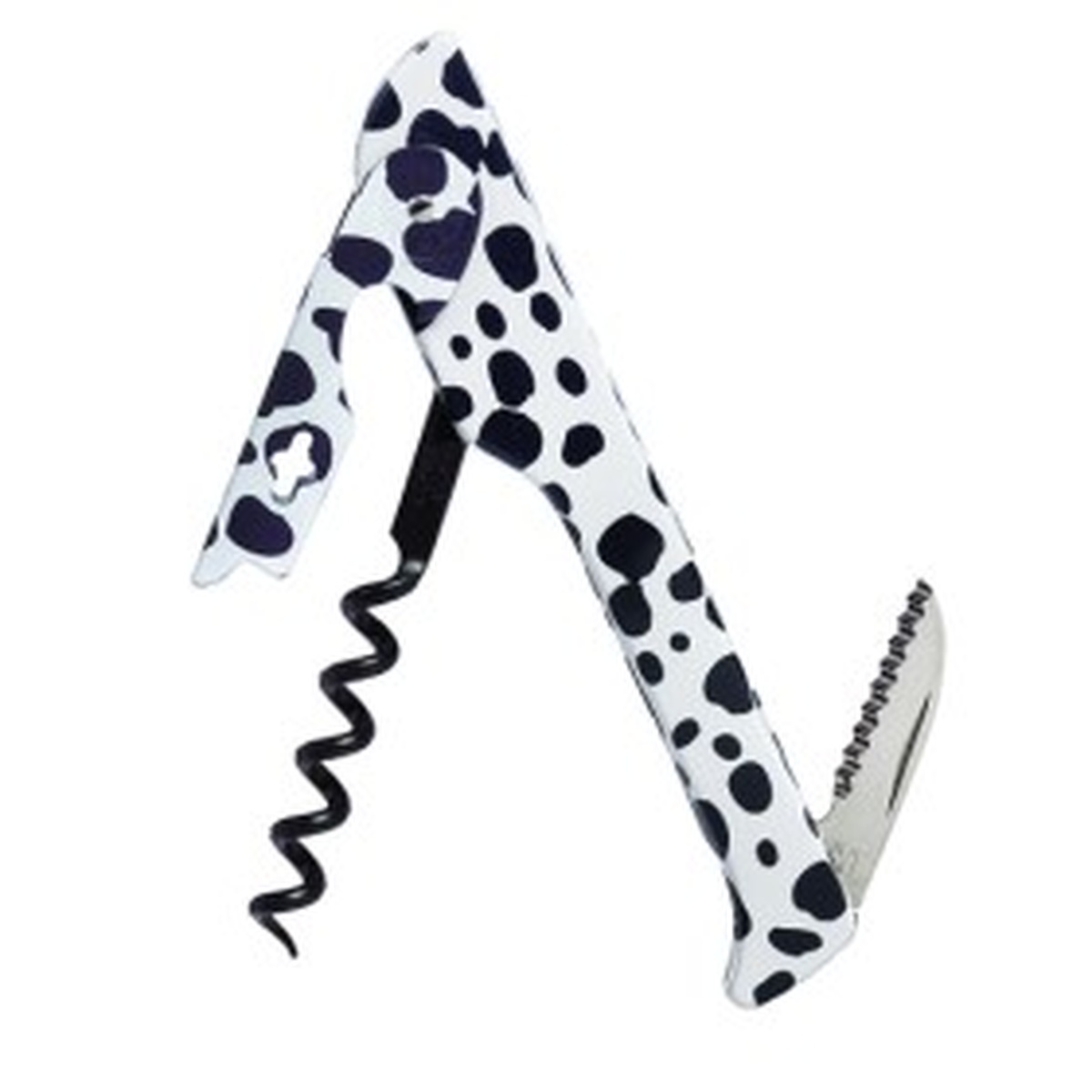 Franmara Hugger Waiter's Corkscrew with dalmatian spot pattern handle, open showing spiral worm and serrated blade