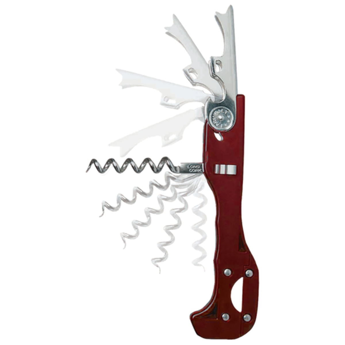 Franmara Boomerang waiter's corkscrew with spiral worm, retractable foilkut, and burgundy handle fully extended