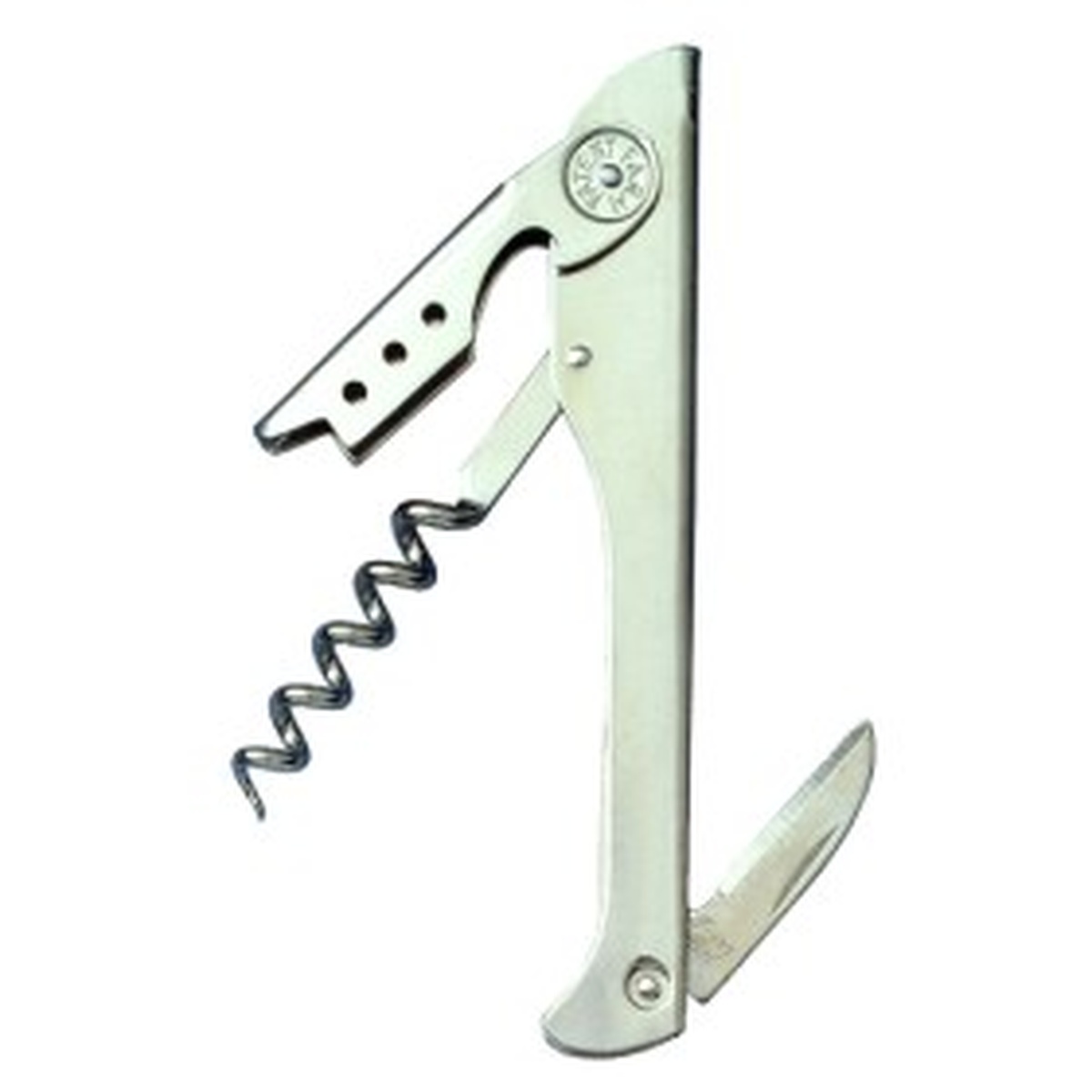 Franmara Hugger waiter's corkscrew with nickel-plated finish, open spiral worm, serrated blade, and two-step boot lever
