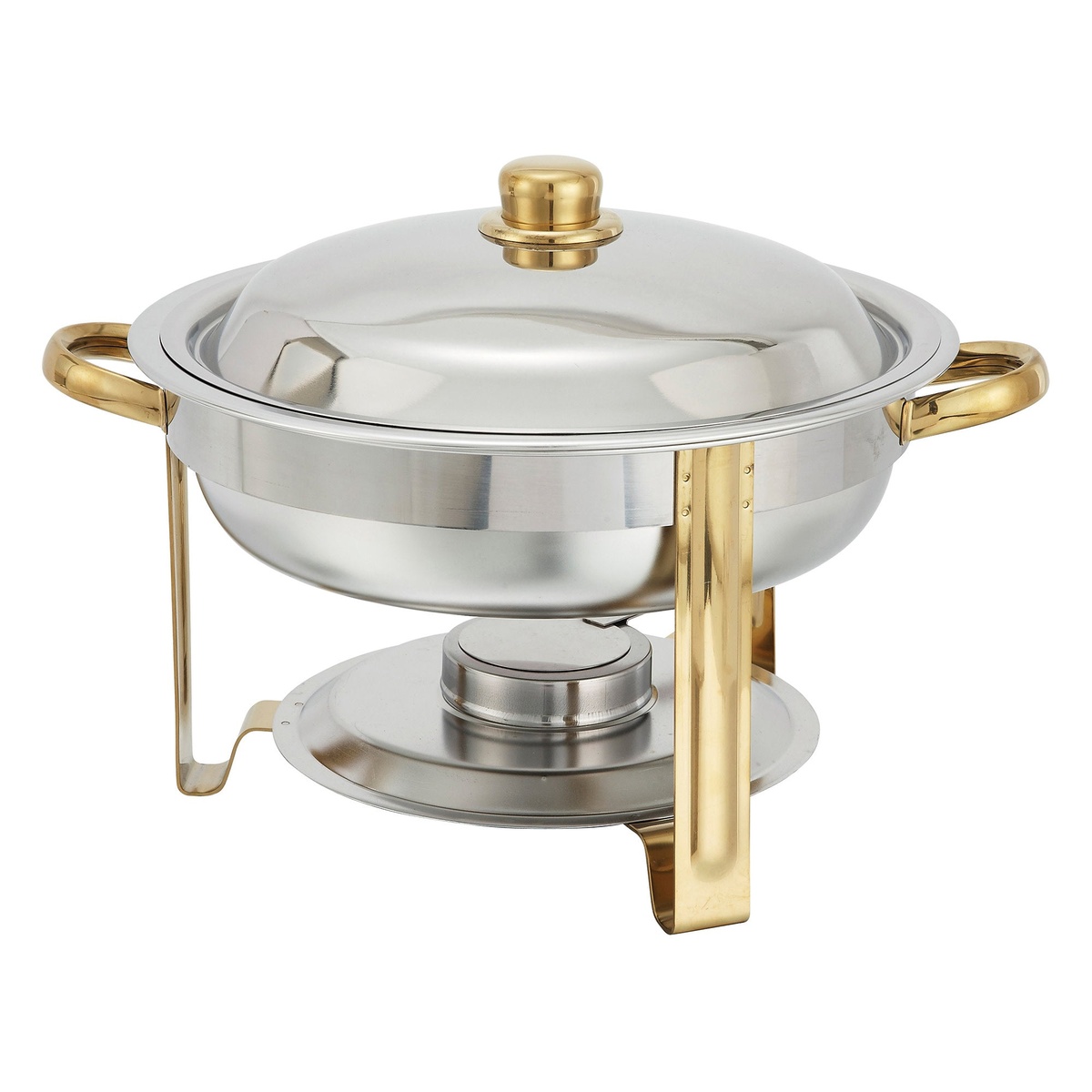Winco 203 Malibu Collection 4-quart round chafing dish with mirror finish and gold-tone stand and handles