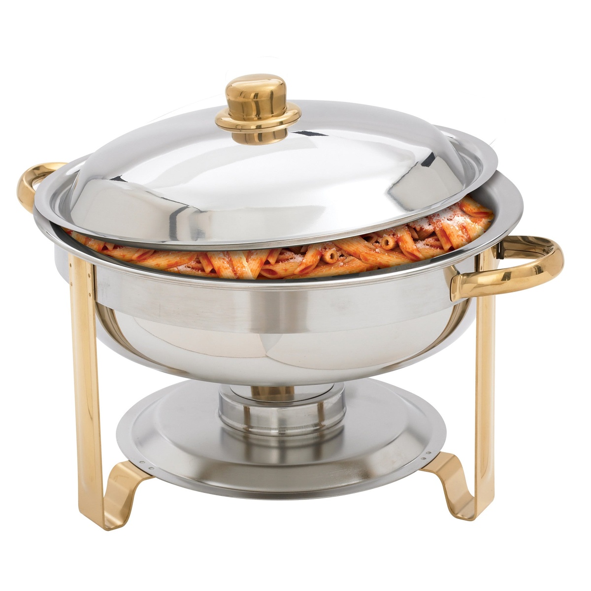 Winco 203 round chafing dish with lid slightly open revealing pasta inside the food pan