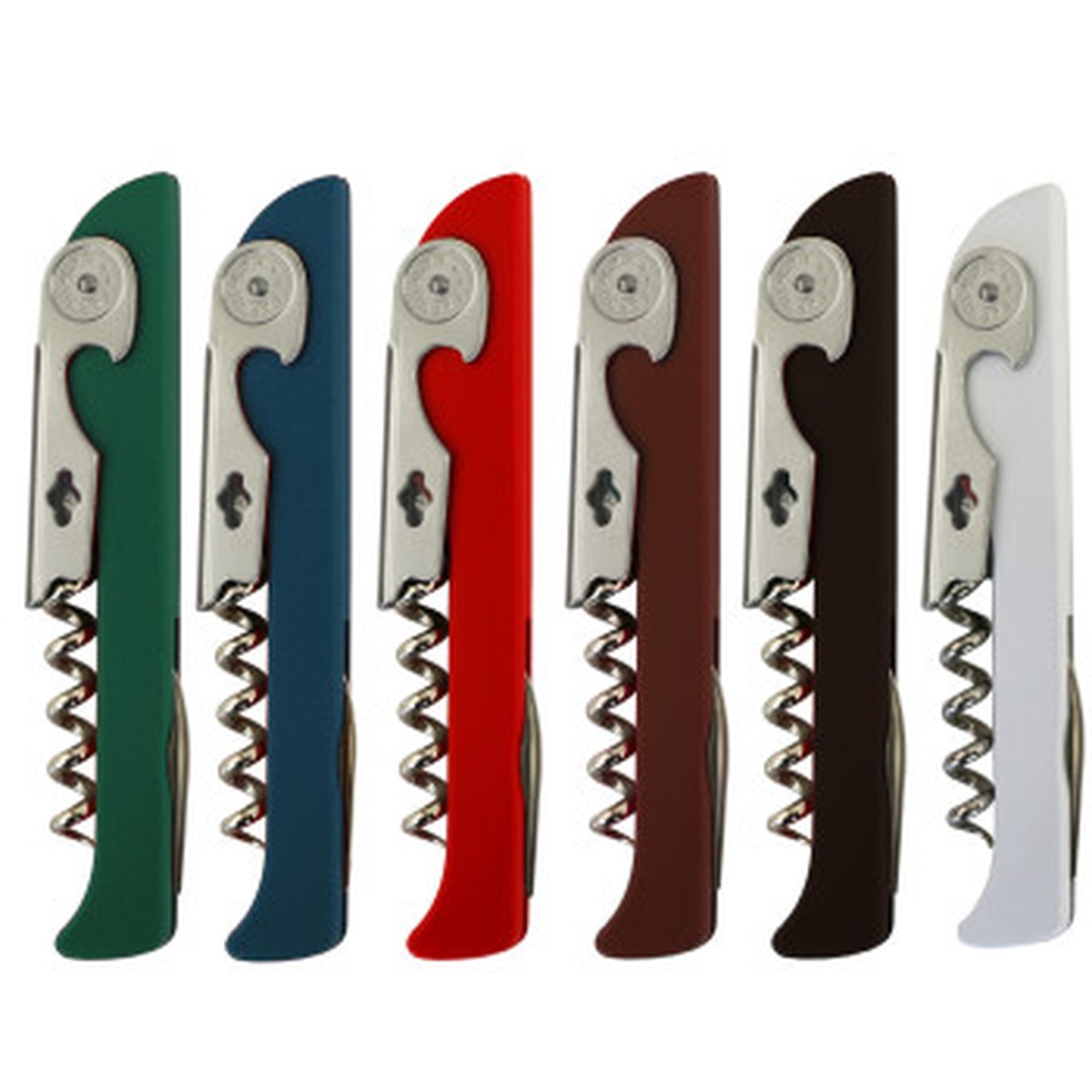 Franmara Hugger Waiter's Corkscrew shown in six color options: green, red, burgundy, dark brown, dark blue, and white