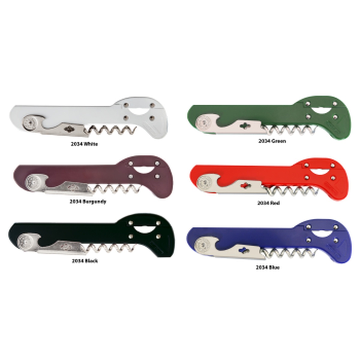 Franmara Boomerang Waiter's Corkscrew shown in six color variants: White, Green, Burgundy, Red, Black, and Blue