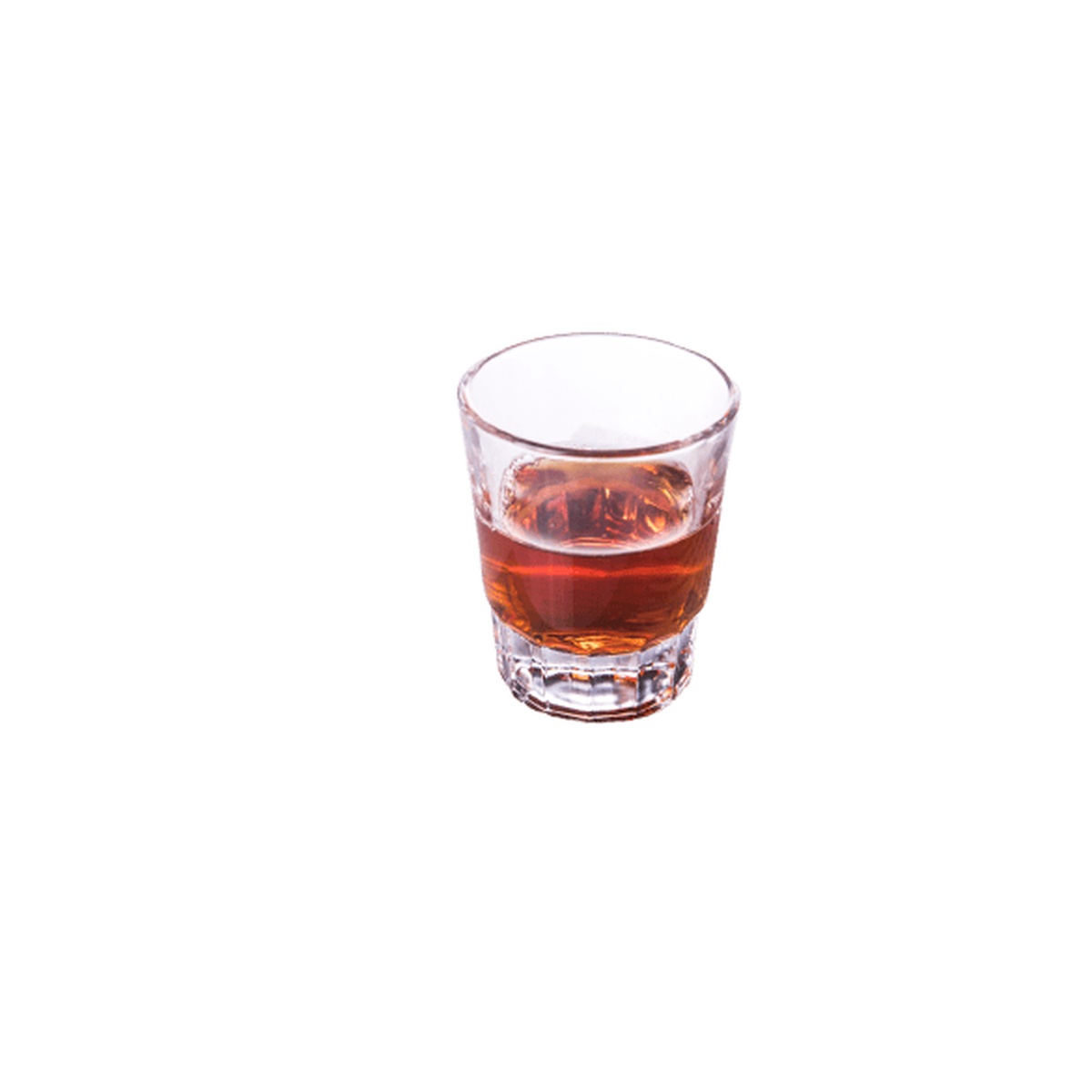 Enhanced 1.5 oz shot glass filled with amber spirit on white background, angled view