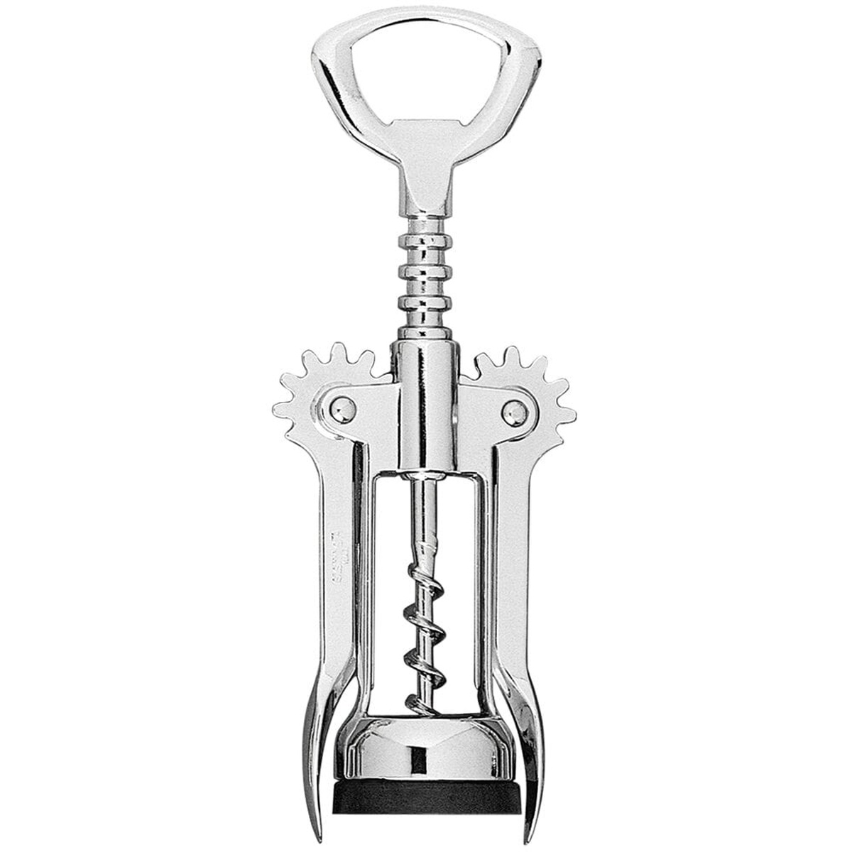 Franmara 2040-BU chrome-plated wing corkscrew with auger worm spiral and bottle cap opener, wings in resting position