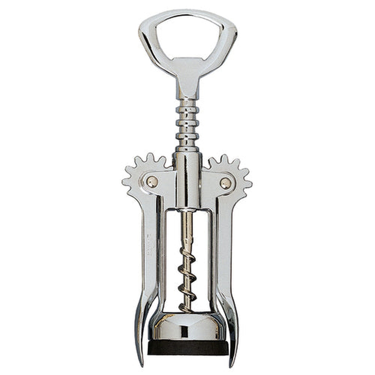 Franmara 2040-C chrome-plated wing corkscrew with auger worm, gear wings, expanded bottle base, and bottle cap opener