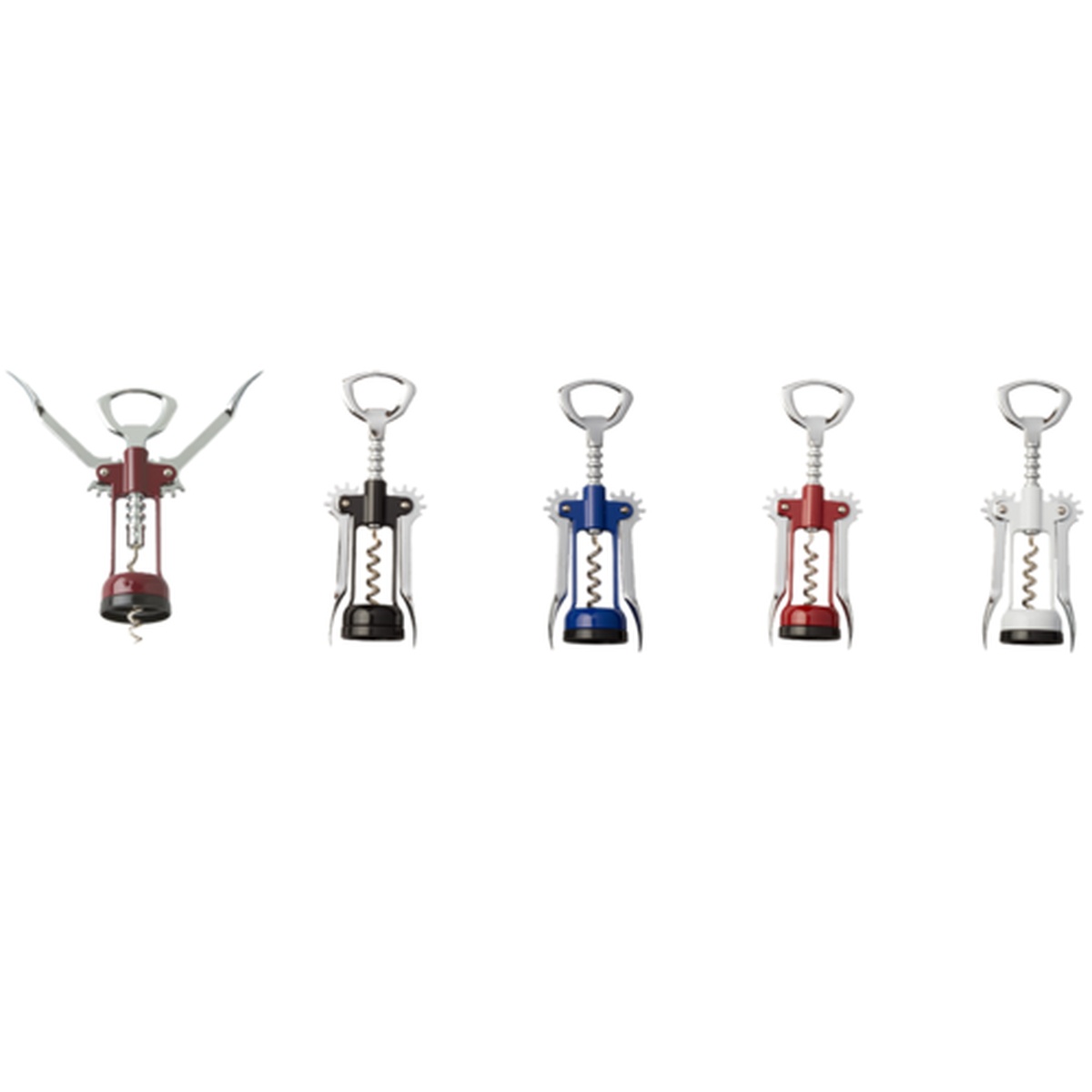 Franmara 2043-C wing corkscrews shown in multiple color variants including red, black, blue, and white chrome finishes
