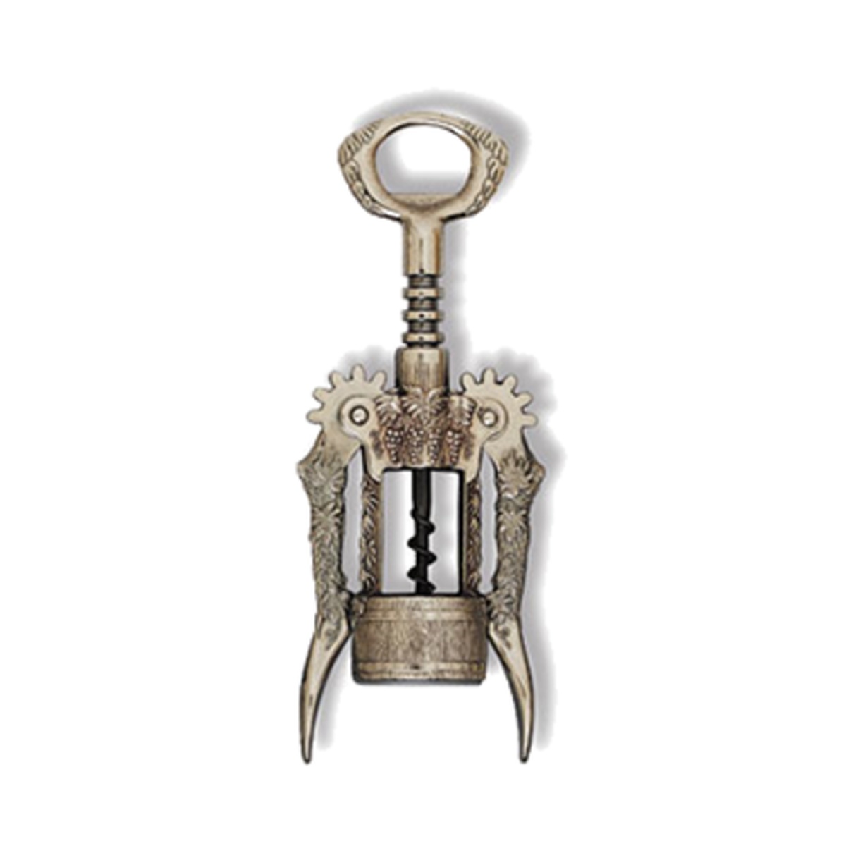 Franmara 2049-BXR wing corkscrew with antiqued burnished finish, decorative grape clusters, barrel base, and black auger spiral