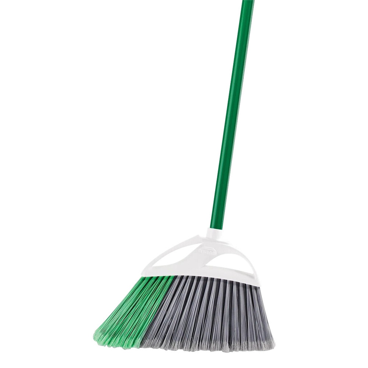 Libman 205 large precision angle broom with green steel handle and gray-green flagged PET bristles on white background