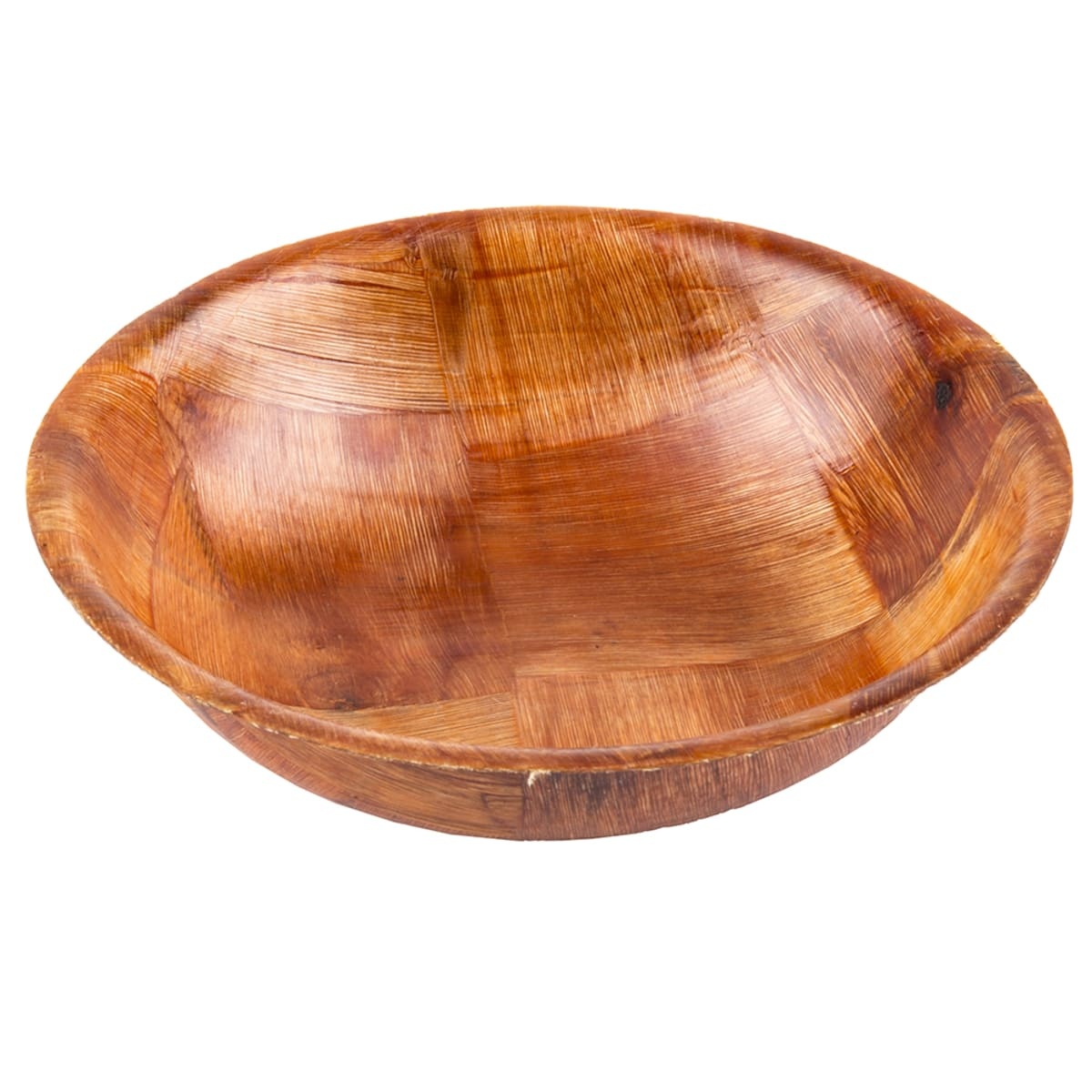 Tablecraft 206 woven mahogany wood salad bowl, angled view showing round interior and woven texture