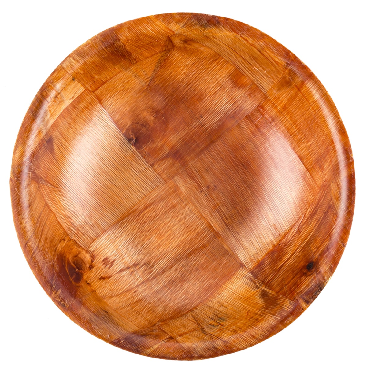Top-down view of the Tablecraft 206 woven mahogany bowl showing the woven wood pattern across the interior