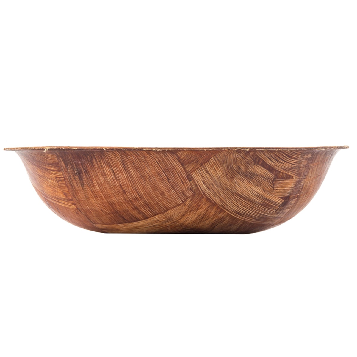 Side profile view of the Tablecraft 206 woven wood salad bowl showing the round bottom and woven exterior