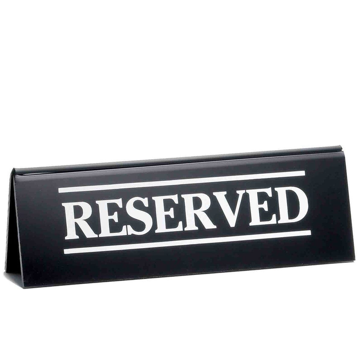 TableCraft 2060A black acrylic A-frame reserved table tent sign with white printed text