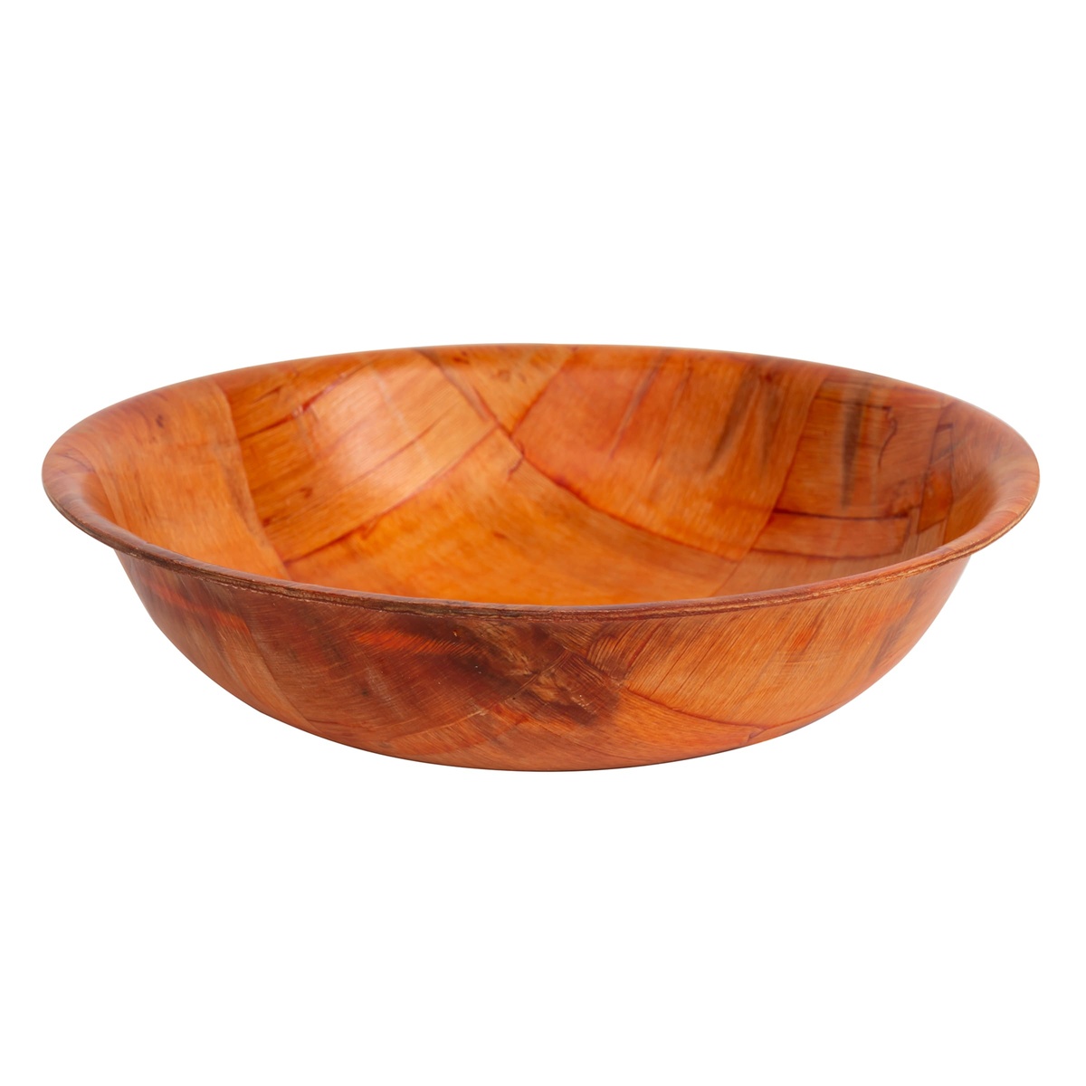 Tablecraft 207 woven wood mahogany salad bowl, front profile showing exterior weave pattern