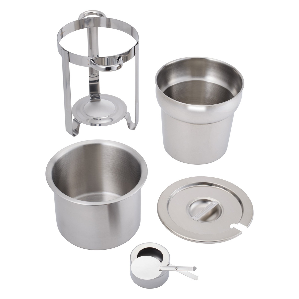 Winco 207 soup warmer disassembled showing frame, water pan, inner pot, notched cover, and fuel holder components